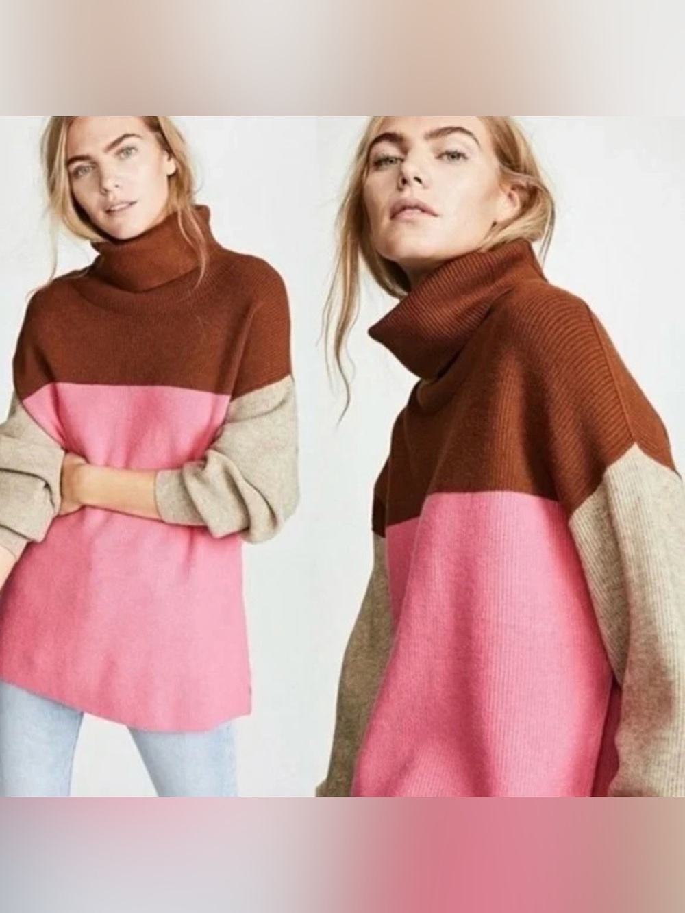Free People | Women’s Pink/Brown/Oatmeal Colorblock Oversized Turtleneck Sweater